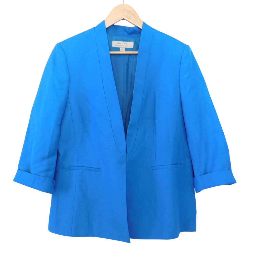 Tahari ASL Women's Linen Blend Lined Comfort Blazer Jacket Sz 14 Blue Office